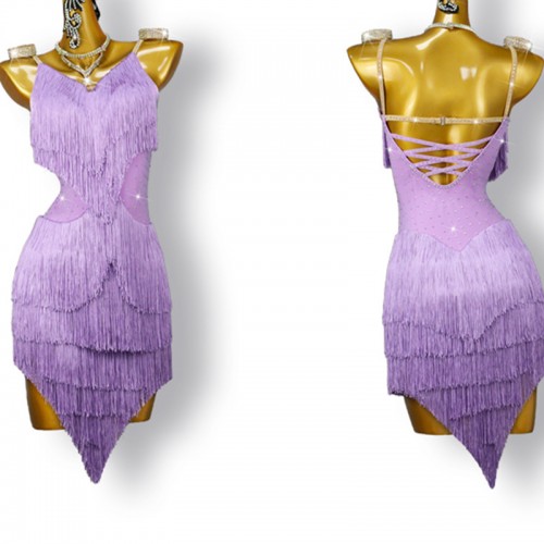 Light purple lavander fringe competition latin dance dresses  with diamond for women girls tassels salsa chacha rumba ballroom dance costumes for female